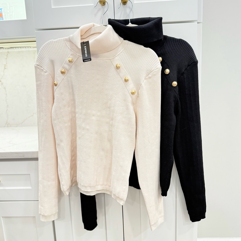 Express Military Sweater Gold Buttons Long Sleeve Set of 2 Cream and Black XL